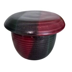 French Butter‎ Dish Crock Studio Art Pottery Artist Signed Burgundy Green Blue